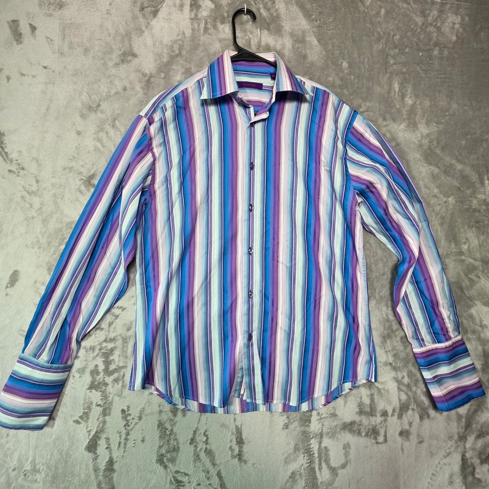 Kuhlman Mens Purple Blue Striped Cotton Button Down French Cuff Shirt Size 41